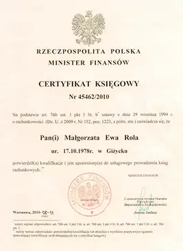 Certyfikat Księgowy Małgorzata Rola